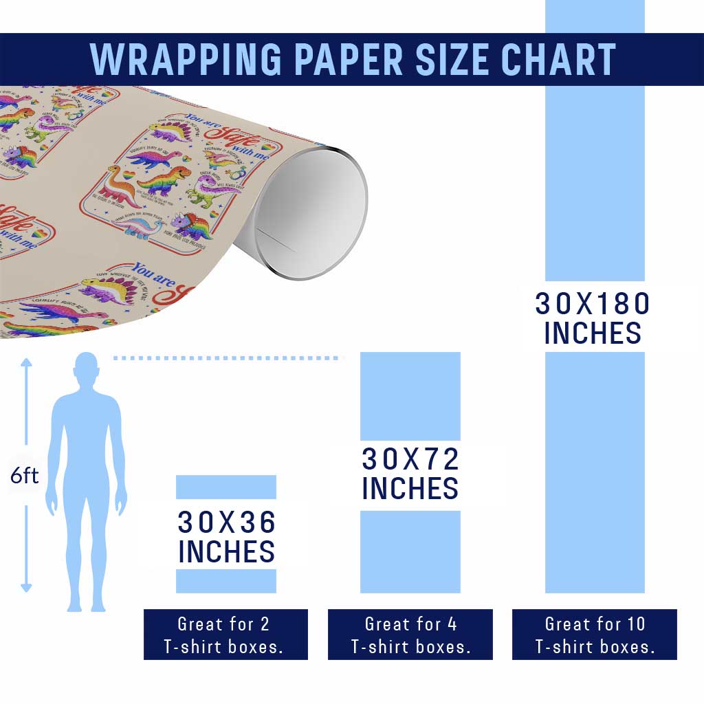 Cute Rainbow Dinosaur LGBTQ Ally Wrapping Paper Roll You Are Safe With Me Pride Month