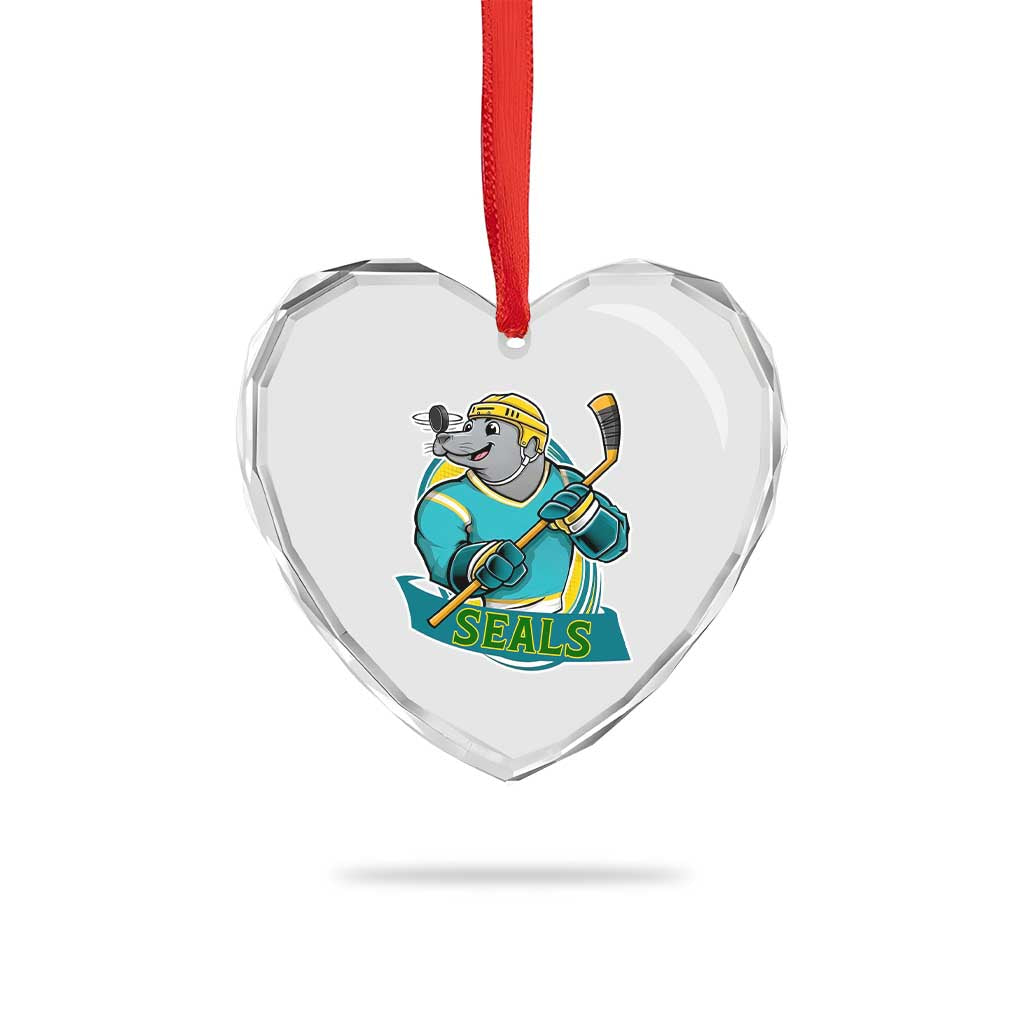Cute Seal Playing Ice Hockey Heart Crystal Glass Ornament Funny Winter Sports Gift - Wonder Print Shop