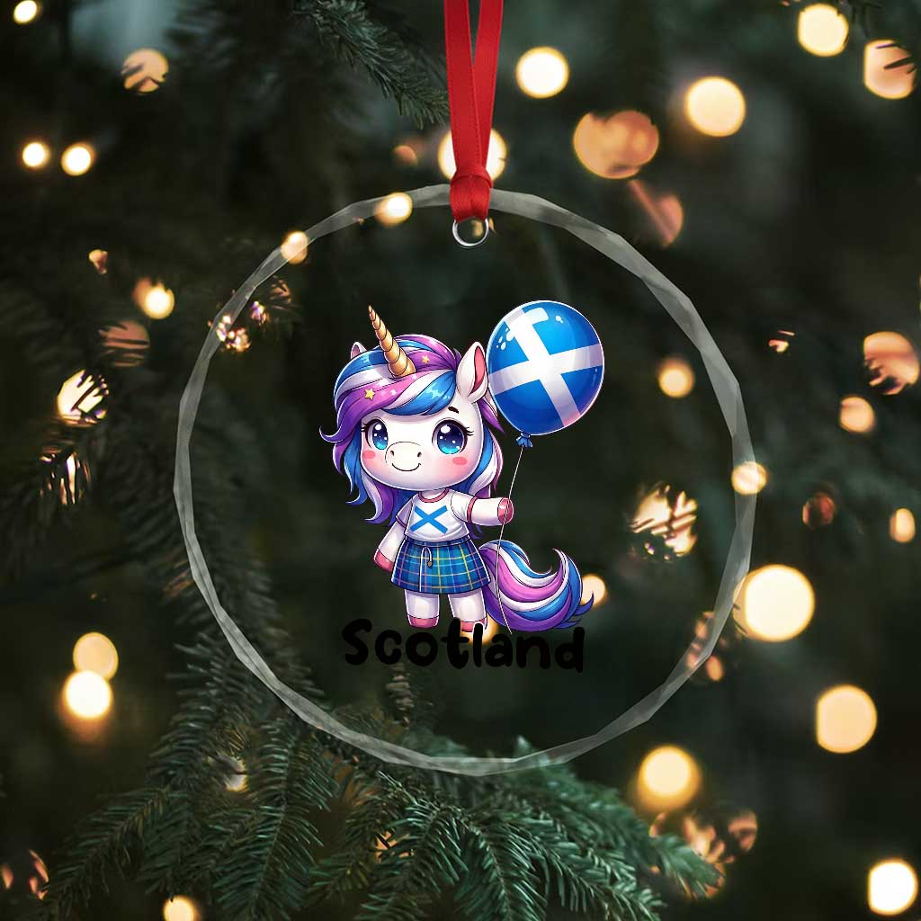 Cute Unicorn Wearing Tartan Kilt Holding Saltire Flag Graphic Crystal Glass Ornament
