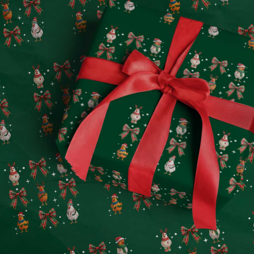 Cute Xmas Chicken With Xmas Coquette Bow Wrapping Paper Roll - Wonder Print Shop