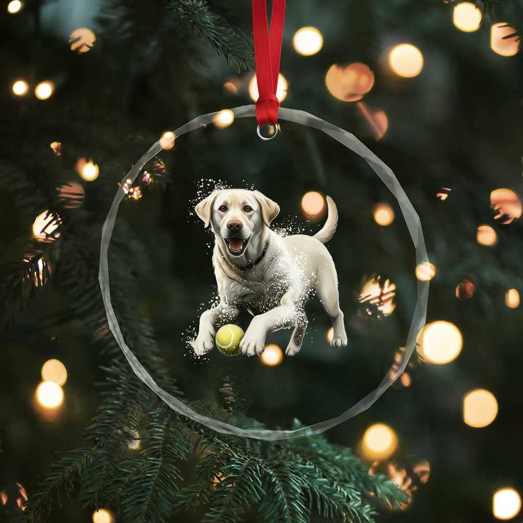 Cute Yellow Labrador Retriever With Tennis Ball Crystal Glass Ornament - Wonder Print Shop