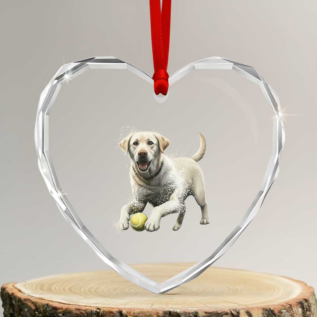 Cute Yellow Labrador Retriever With Tennis Ball Heart Crystal Glass Ornament - Wonder Print Shop