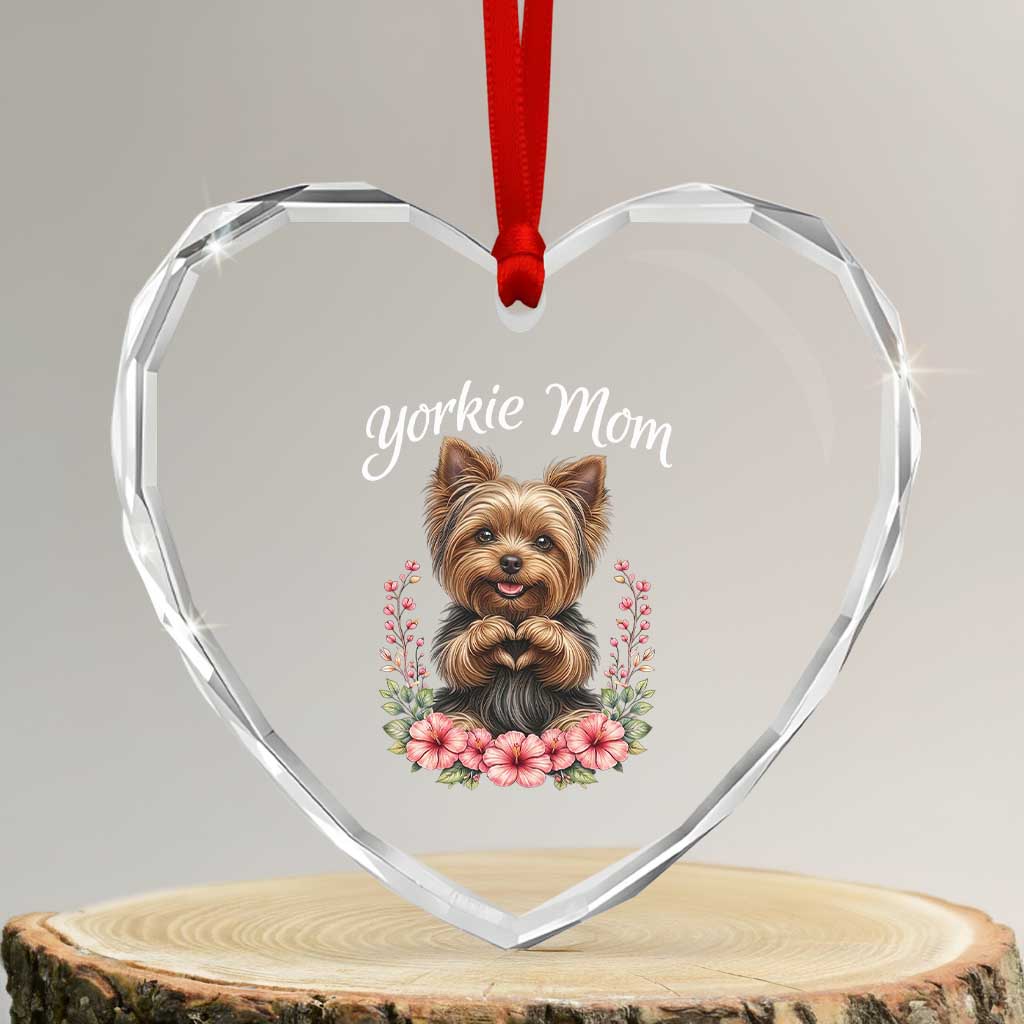 Cute Yorkie Mama Heart Crystal Glass Ornament Yorkshire Terrier Dog Lover