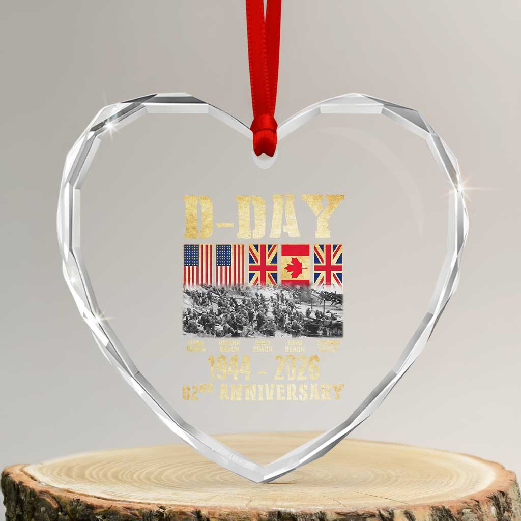 D Day 82nd Anniversary Honor History Normandy WWII Heart Crystal Glass Ornament