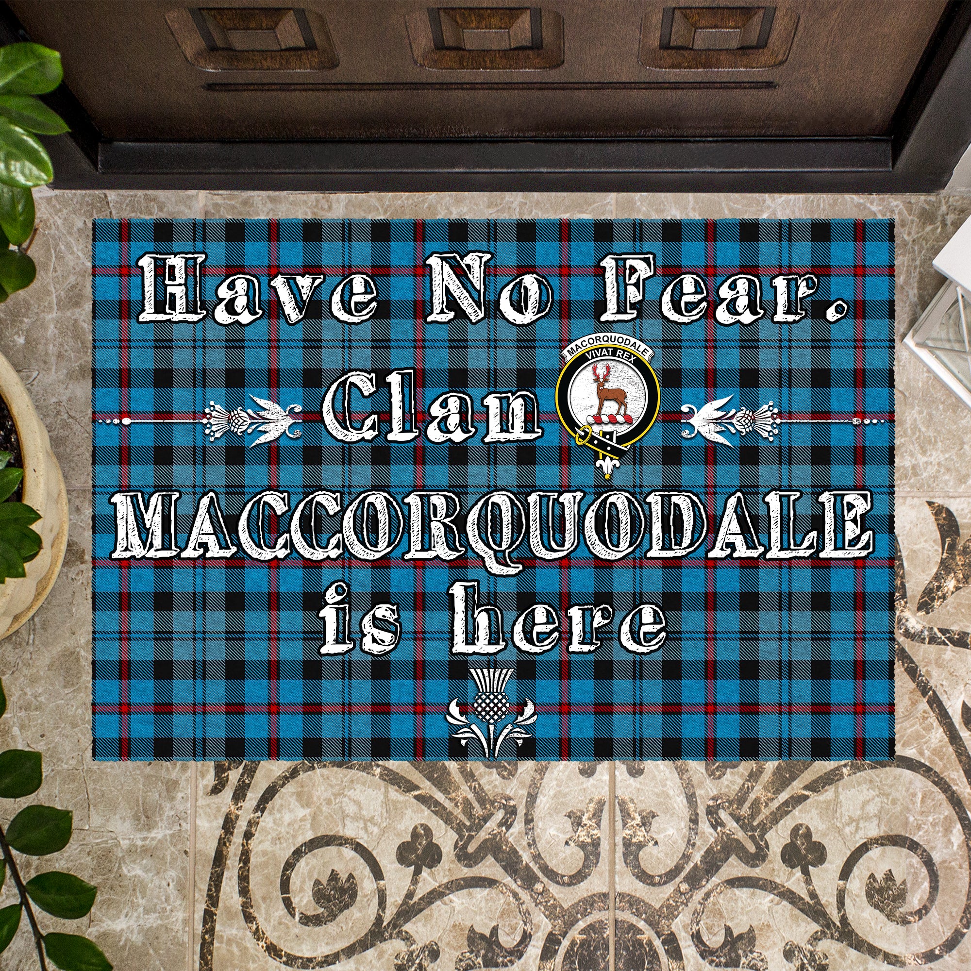 MacCorquodale Clan Tartan Door Mat, Family Crest Have No Fear Tartan Door Mat TS23