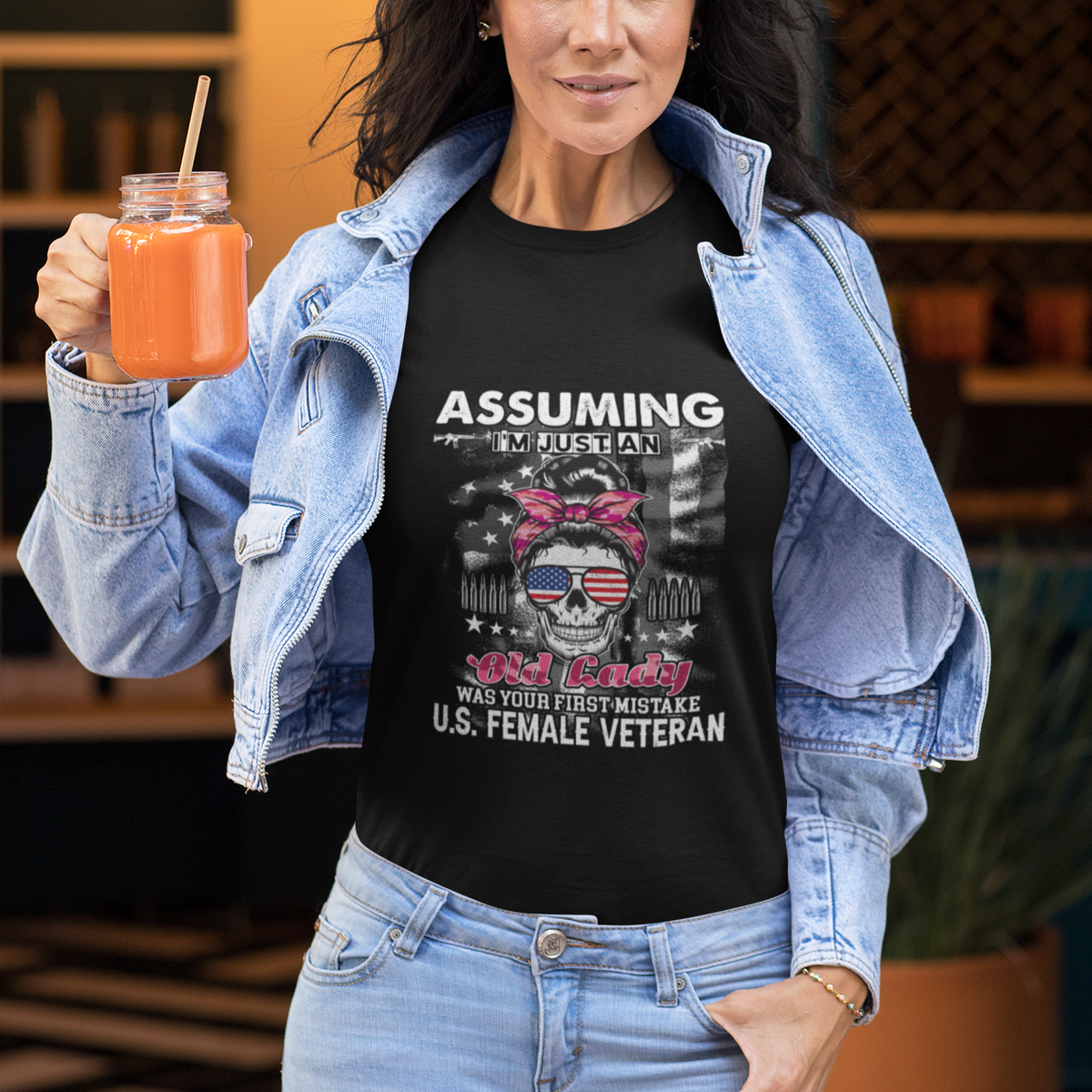 Female Veteran T Shirt Assuming I'm Just An Old Lady Was Your First Mistake American Messy Bun - Wonder Print Shop