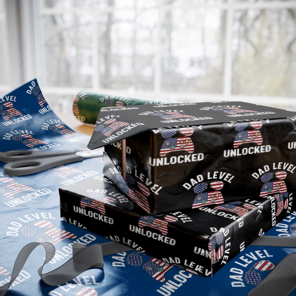 Dad Level Unlocked Wrapping Paper Roll New Dad Gamer American Flag 4th of July