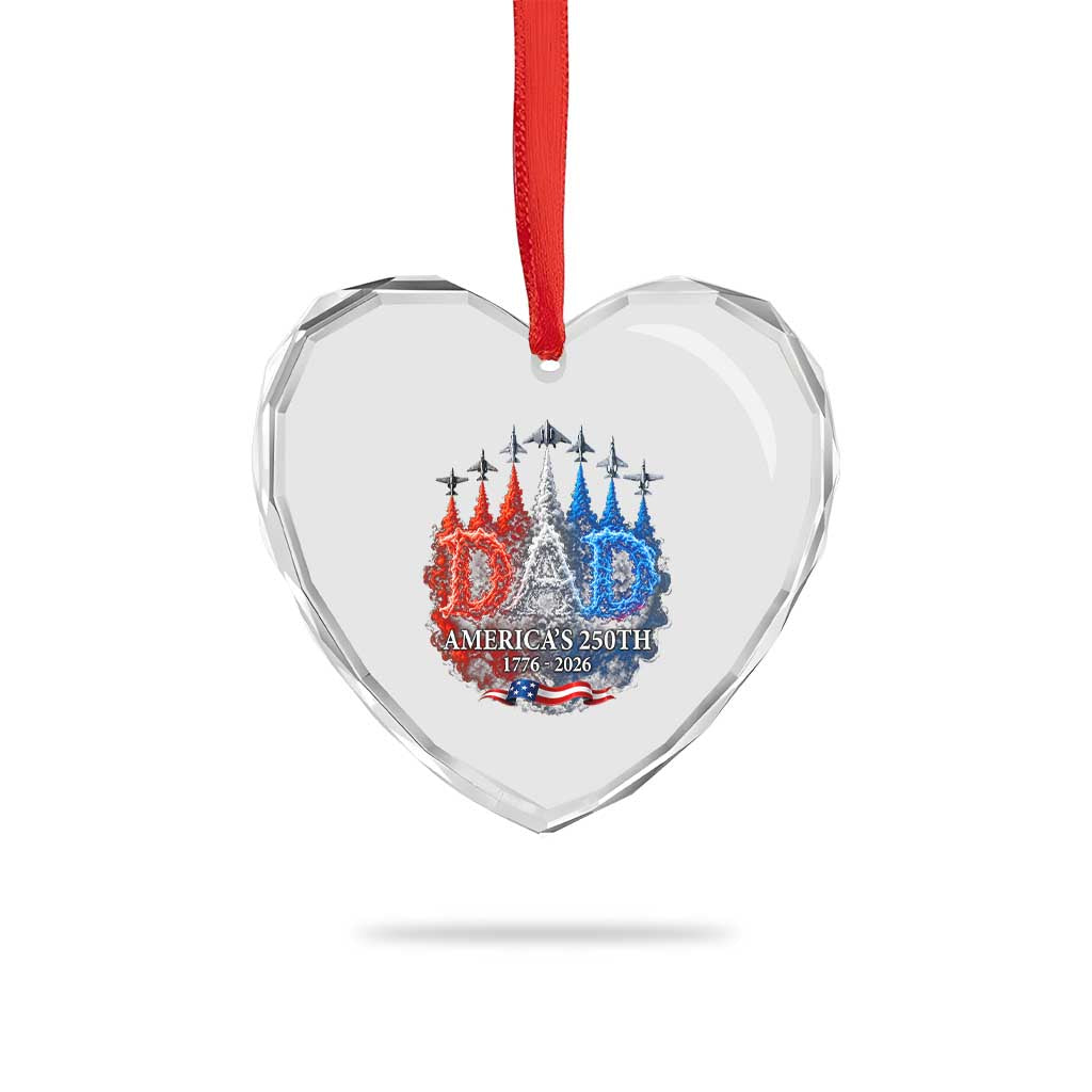 Dad USA 250th Anniversary Heart Crystal Glass Ornament Jet Fighter American Flag Father's Day 4th of July