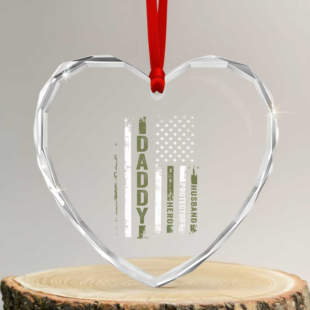 Daddy Husband Protector Hero Heart Crystal Glass Ornament Fathers Day Vintage American Flag