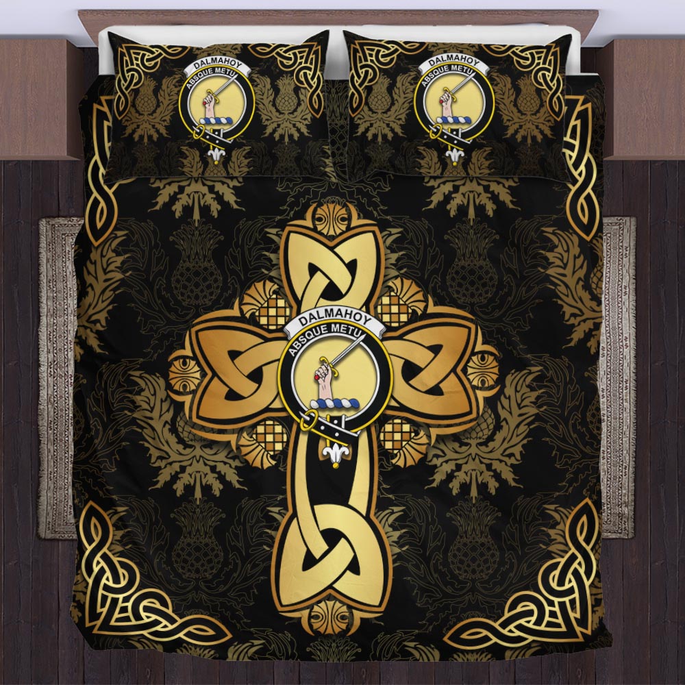 dalmahoy-clan-crest-golden-celtic-cross-thistle-style-bedding-set
