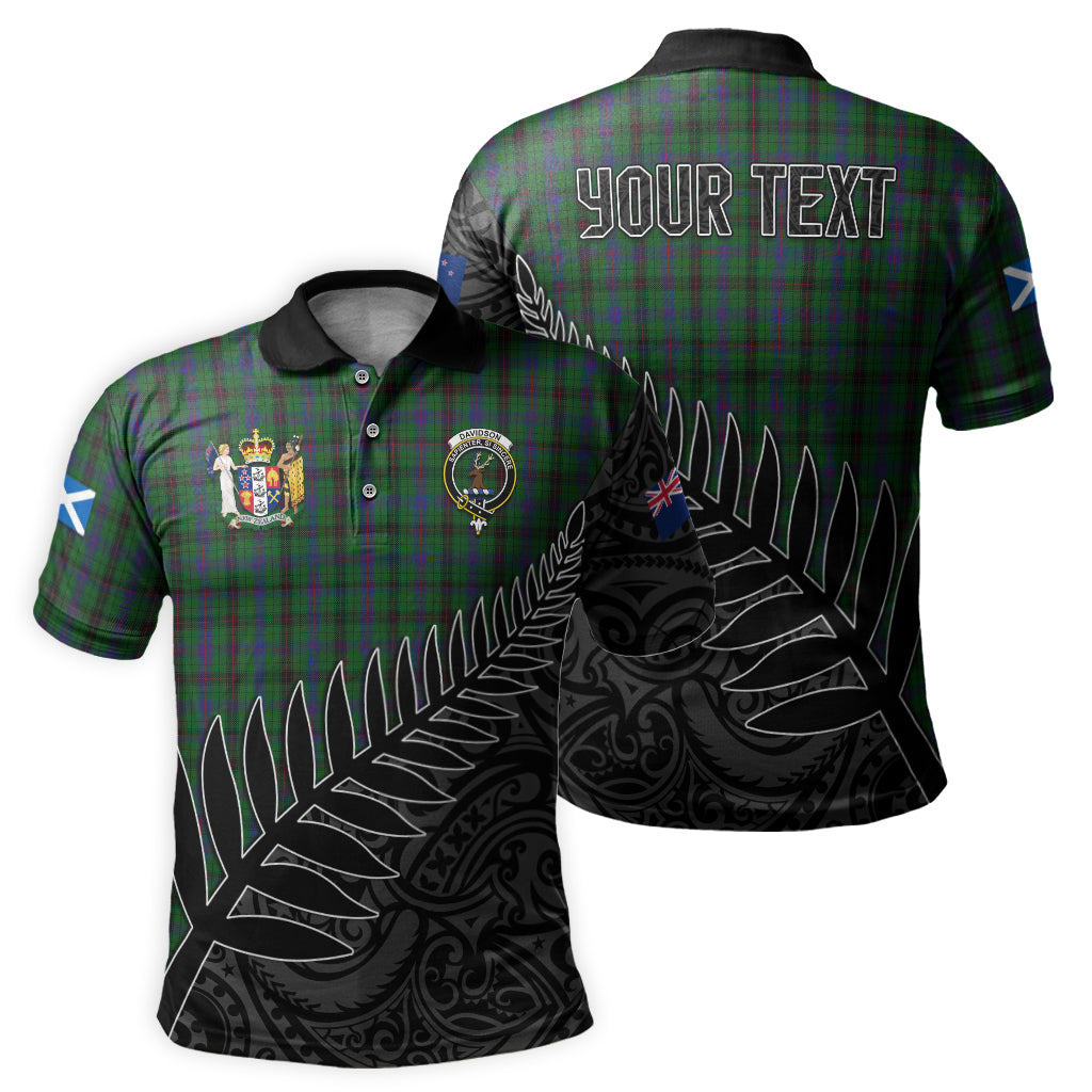 davidson-tartan-family-crest-golf-shirt-with-fern-leaves-and-coat-of-arm-of-new-zealand-personalized-your-name-scottish-tatan-polo-shirt