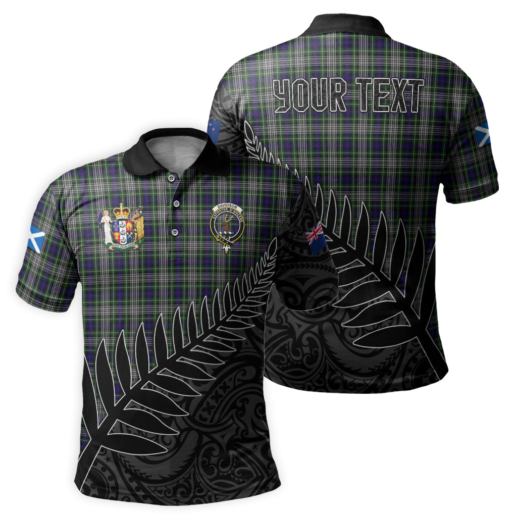 davidson-of-tulloch-dress-tartan-family-crest-golf-shirt-with-fern-leaves-and-coat-of-arm-of-new-zealand-personalized-your-name-scottish-tatan-polo-shirt