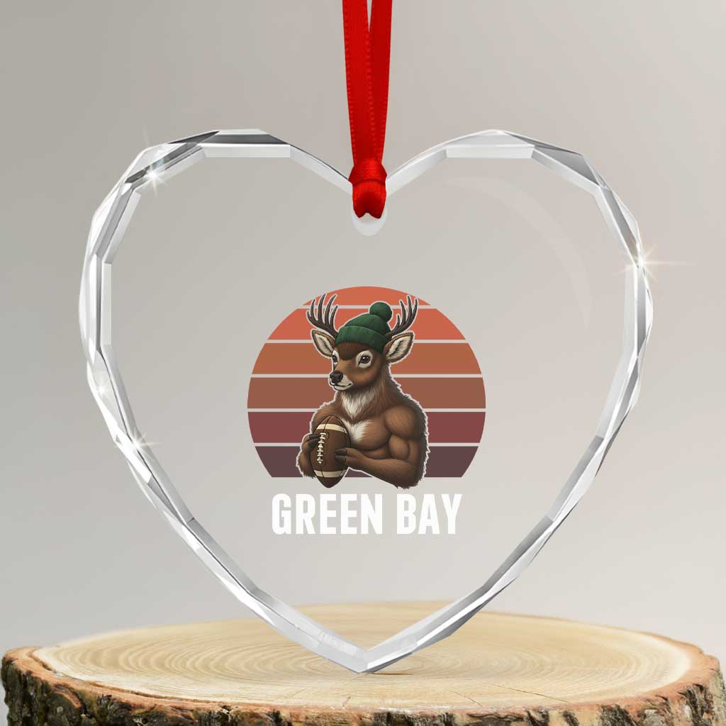 Deer Green Bay Football Heart Crystal Glass Ornament Retro Vintage Style - Wonder Print Shop