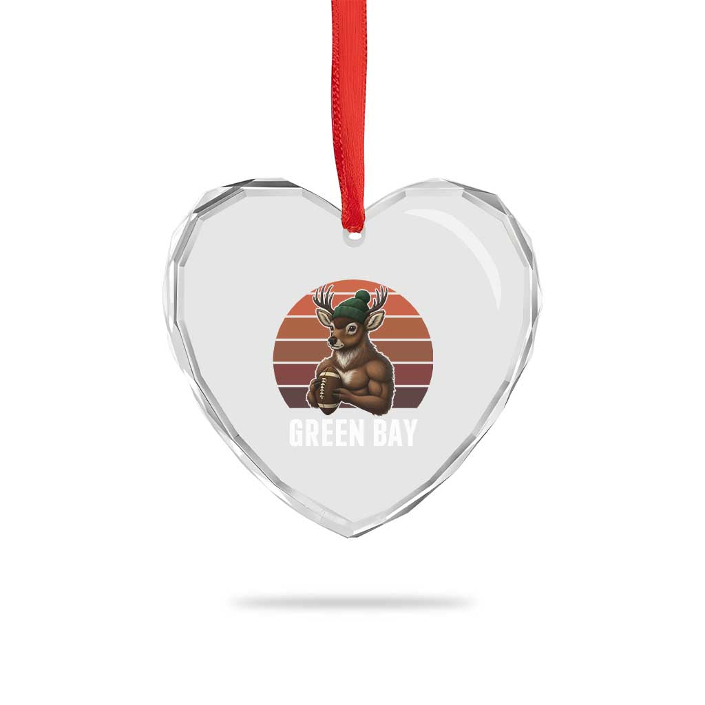 Deer Green Bay Football Heart Crystal Glass Ornament Retro Vintage Style - Wonder Print Shop