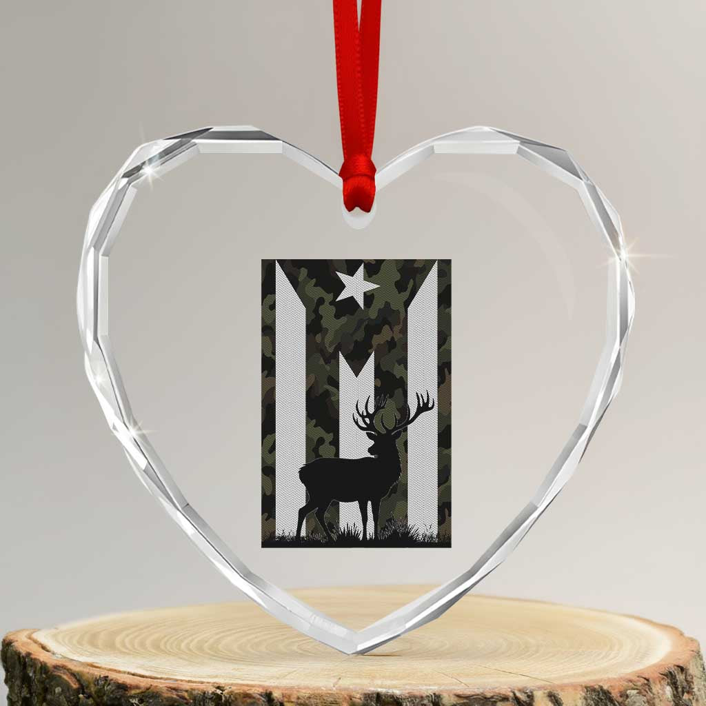 Deer Hunting Camo Puerto Rican Flag Heart Crystal Glass Ornament Boricua Hunters