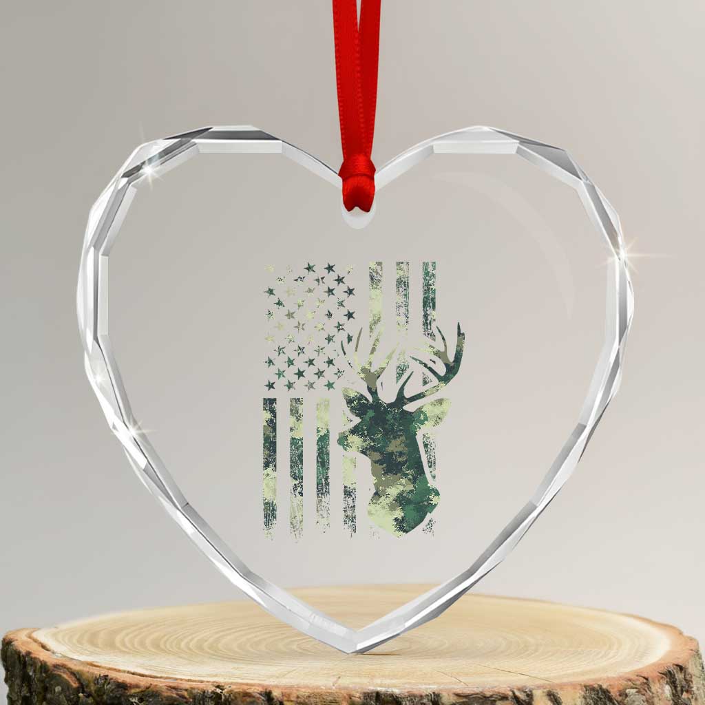Deer Hunting Camouflage Heart Crystal Glass Ornament Camo US Flag - Wonder Print Shop