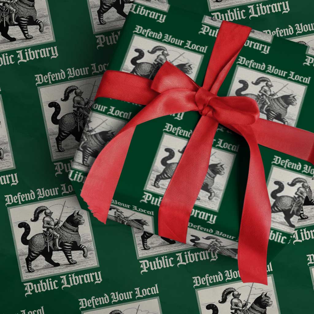 Defend Your Local Public Library Wrapping Paper Roll Knight Cat for Fantasy Book Lovers