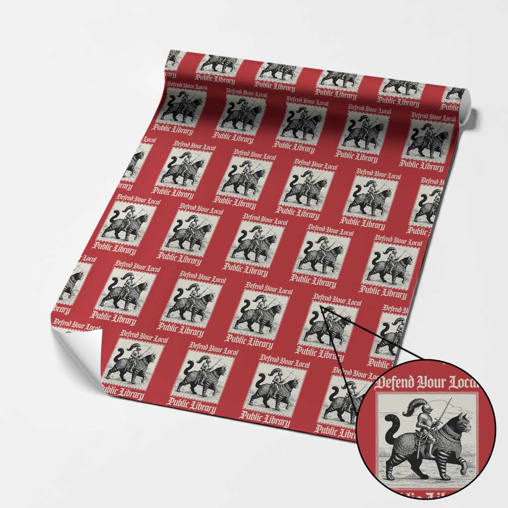 Defend Your Local Public Library Wrapping Paper Roll Knight Cat for Fantasy Book Lovers
