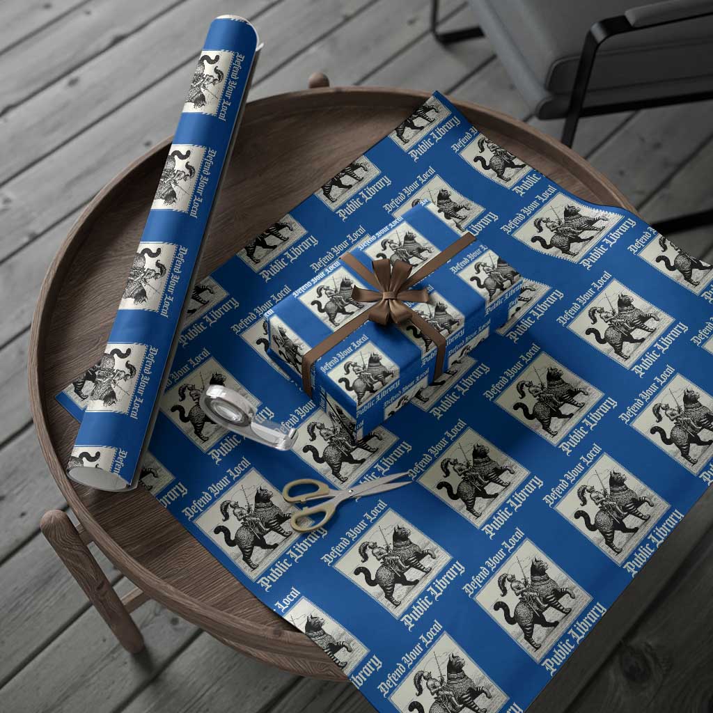 Defend Your Local Public Library Wrapping Paper Roll Knight Cat for Fantasy Book Lovers