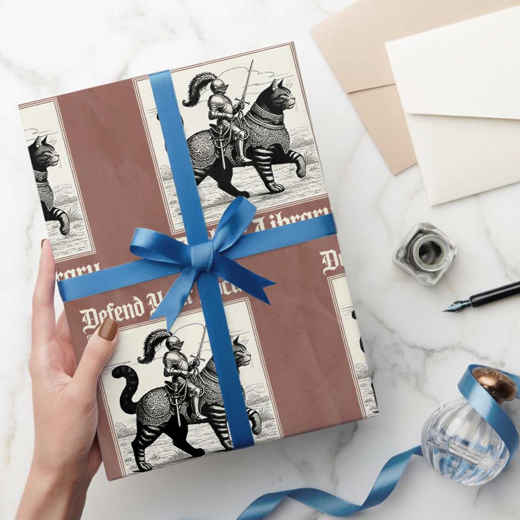 Defend Your Local Public Library Wrapping Paper Roll Knight Cat for Fantasy Book Lovers