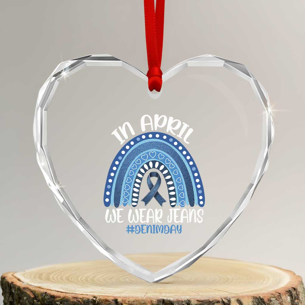 Denim Day Awareness Heart Crystal Glass Ornament In April We Wear Jeans Rainbow