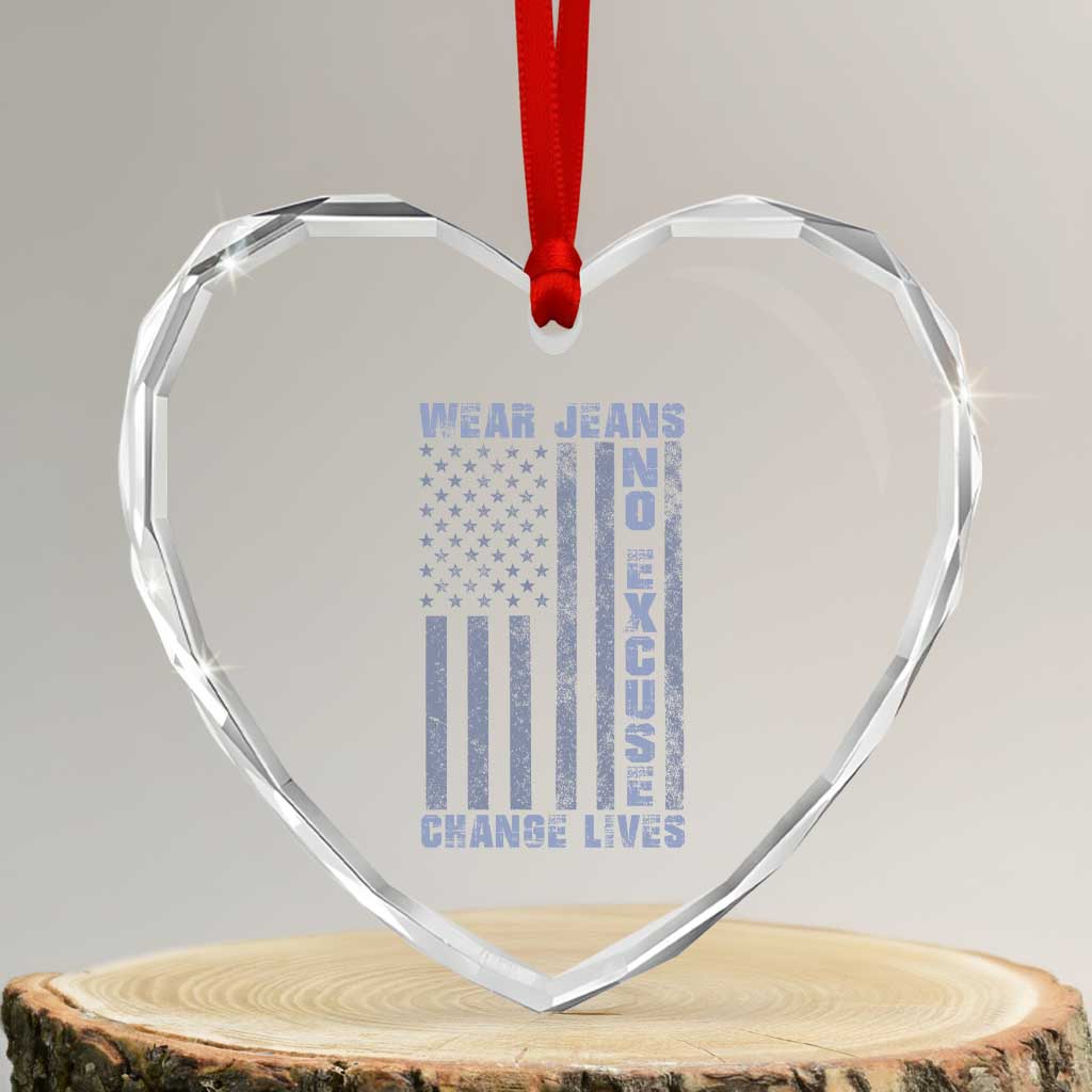 Denim Day Awareness Heart Crystal Glass Ornament Wear Jeans No Excuse Change Lives Vintage American Flag