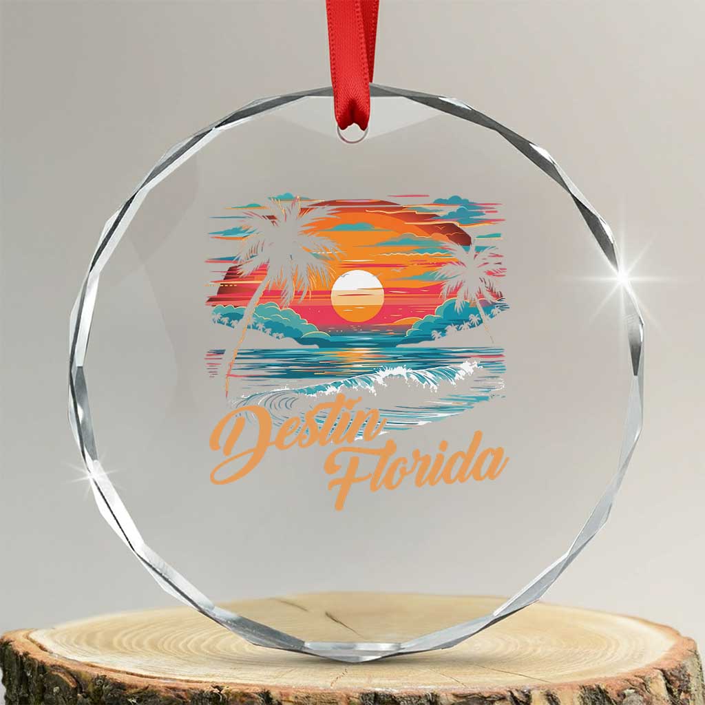 Destin Florida Beach Crystal Glass Ornament Retro Sunset Palm Tree Graphic