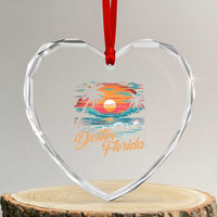 Destin Florida Beach Heart Crystal Glass Ornament Retro Sunset Palm Tree Graphic