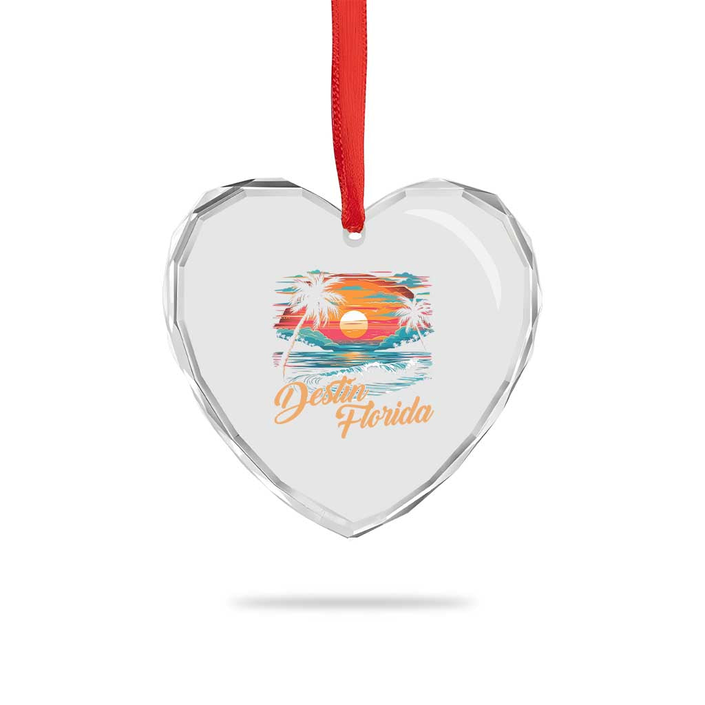 Destin Florida Beach Heart Crystal Glass Ornament Retro Sunset Palm Tree Graphic