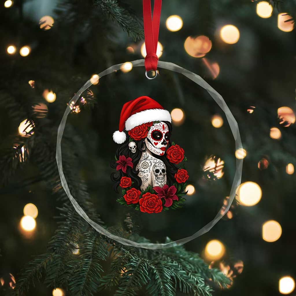 Dia De Los Muertos Mexican Christmas Crystal Glass Ornament Day of the Dead Sugar Skull Women - Wonder Print Shop