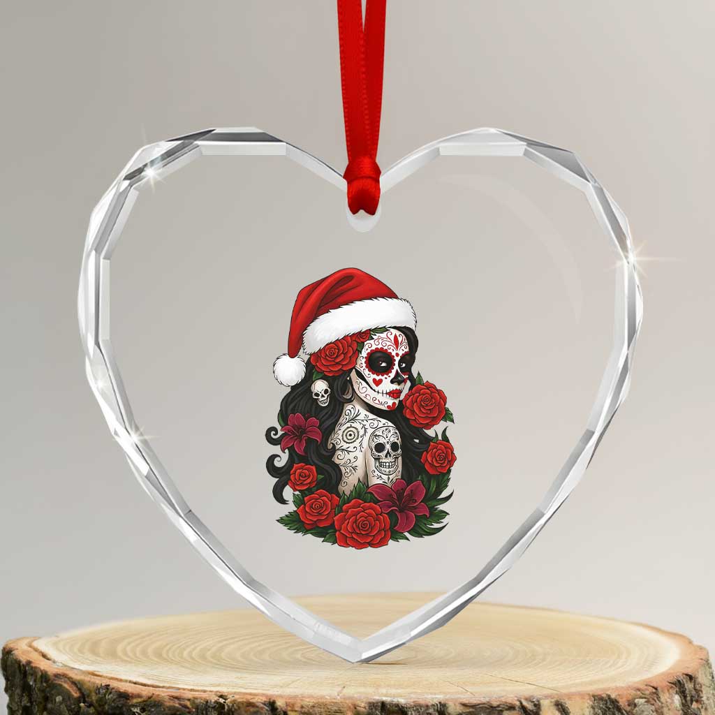 Dia De Los Muertos Mexican Christmas Heart Crystal Glass Ornament Day of the Dead Sugar Skull Women - Wonder Print Shop