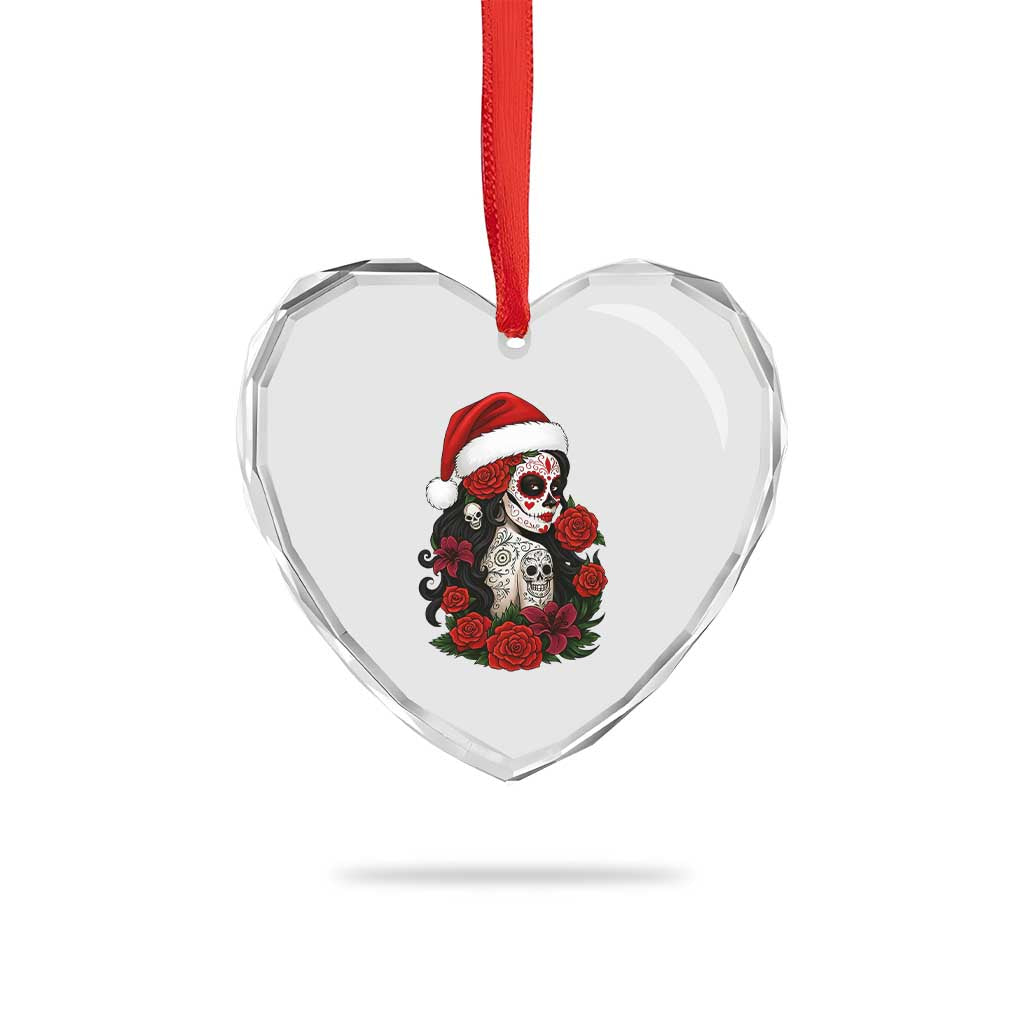 Dia De Los Muertos Mexican Christmas Heart Crystal Glass Ornament Day of the Dead Sugar Skull Women - Wonder Print Shop