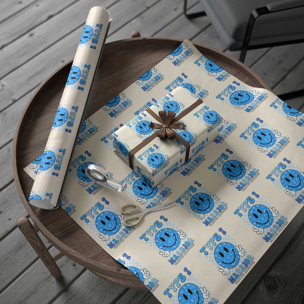 Diabetes Awareness Wrapping Paper Roll Blue Ribbon T1D Warrior Support Squad Retro Groovy