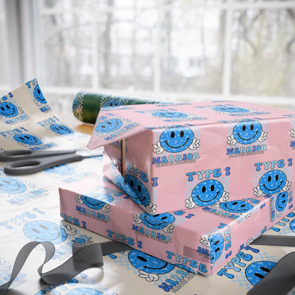 Diabetes Awareness Wrapping Paper Roll Blue Ribbon T1D Warrior Support Squad Retro Groovy
