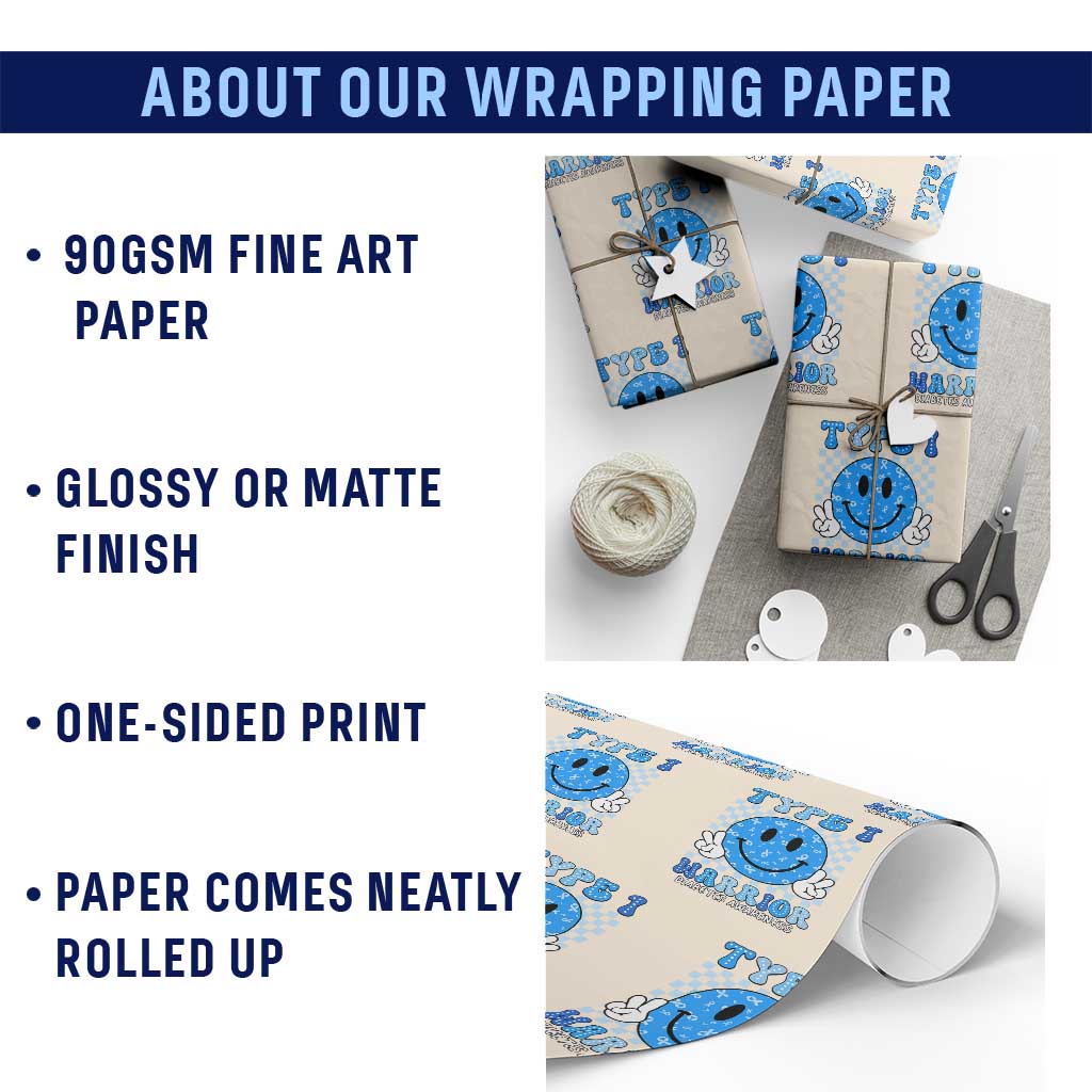 Diabetes Awareness Wrapping Paper Roll Blue Ribbon T1D Warrior Support Squad Retro Groovy