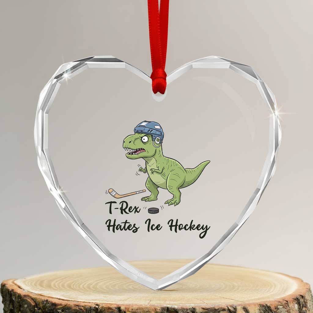 Dino Hates Ice Hockey Heart Crystal Glass Ornament Funny Ice Sports Dinosaur Gift - Wonder Print Shop