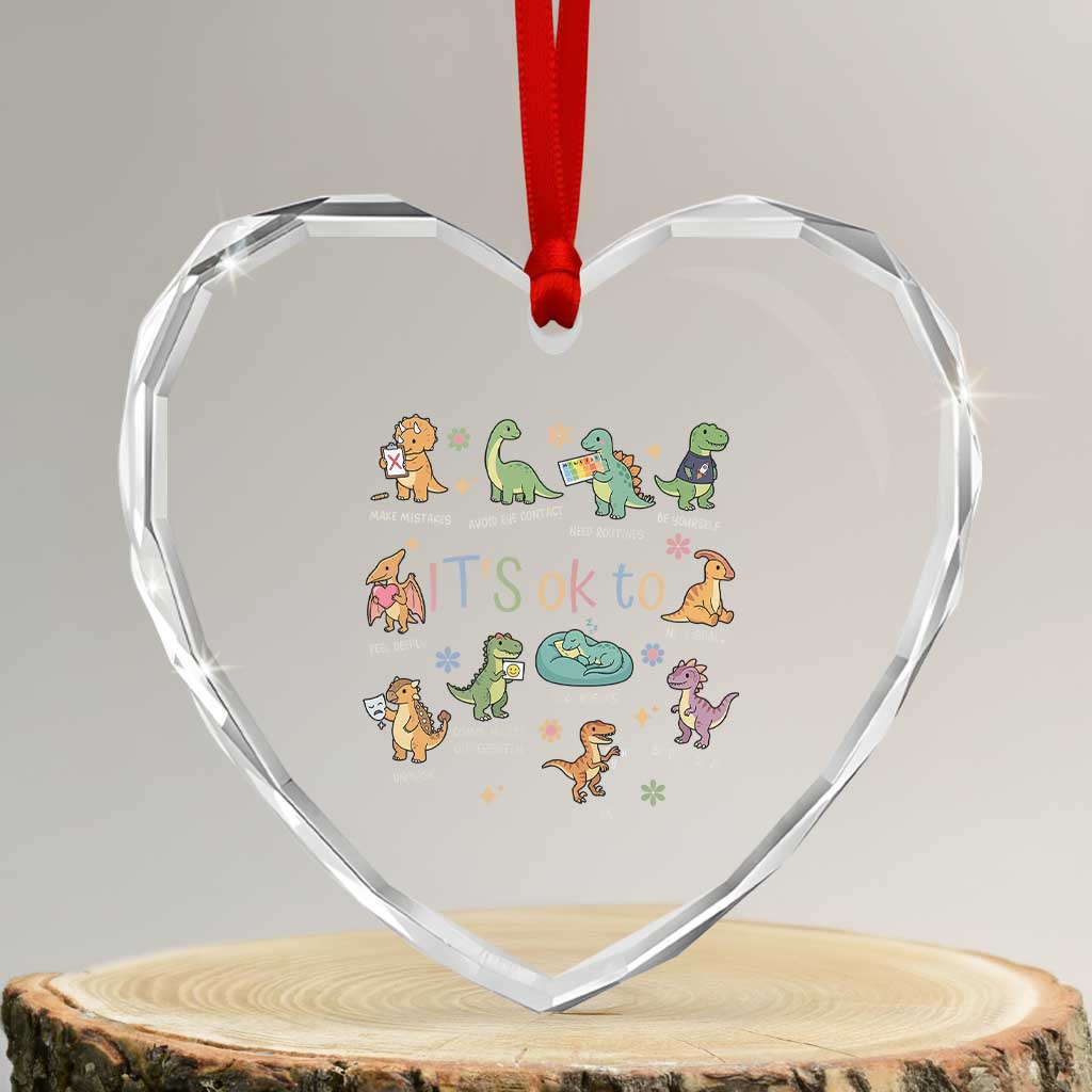 Dinosaur Autism Awareness Heart Crystal Glass Ornament It Is Okay to Be Different Dino Lover