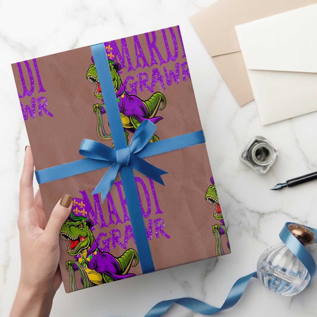 Dinosaur Mardi Gras Wrapping Paper Roll Funny Meme New Orleans Party Custume Beads - Wonder Print Shop