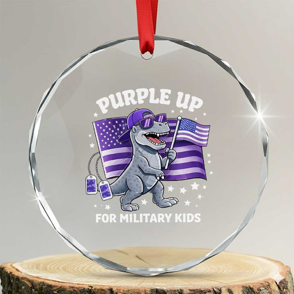 Dinosaur Military Kids Crystal Glass Ornament Purple Up For Military Child Month Patriotic USA Flag