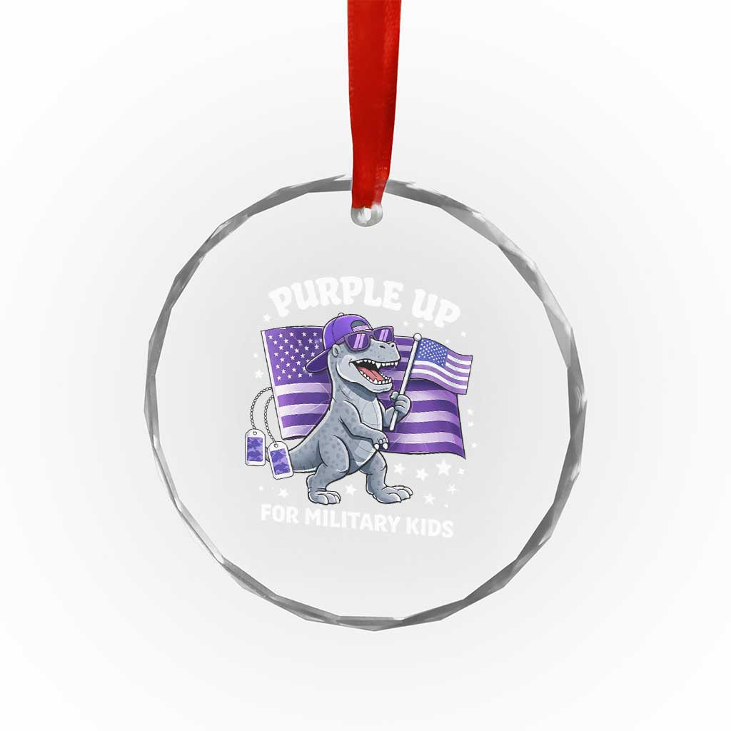 Dinosaur Military Kids Crystal Glass Ornament Purple Up For Military Child Month Patriotic USA Flag