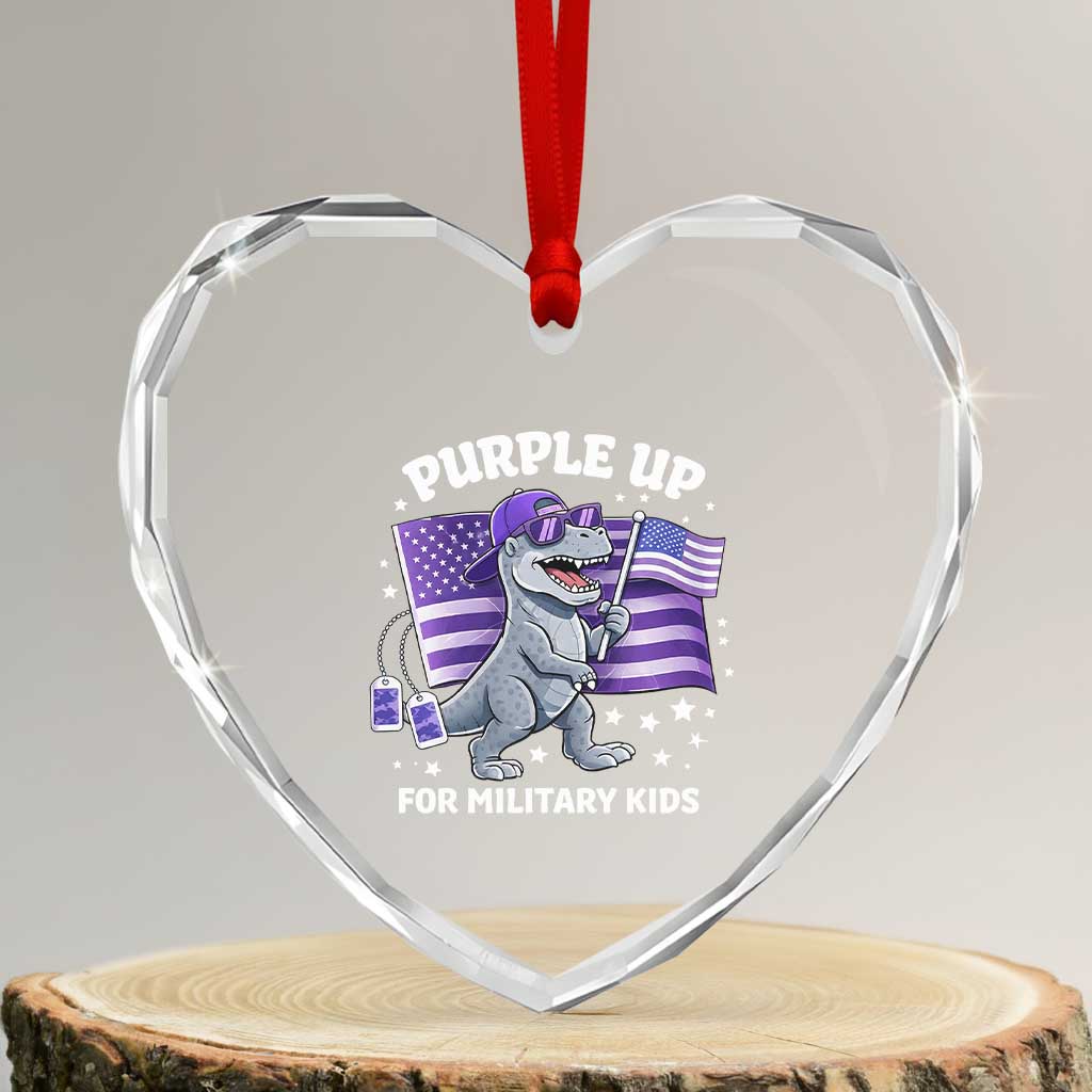 Dinosaur Military Kids Heart Crystal Glass Ornament Purple Up For Military Child Month Patriotic USA Flag