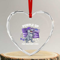 Dinosaur Military Kids Heart Crystal Glass Ornament Purple Up For Military Child Month Patriotic USA Flag