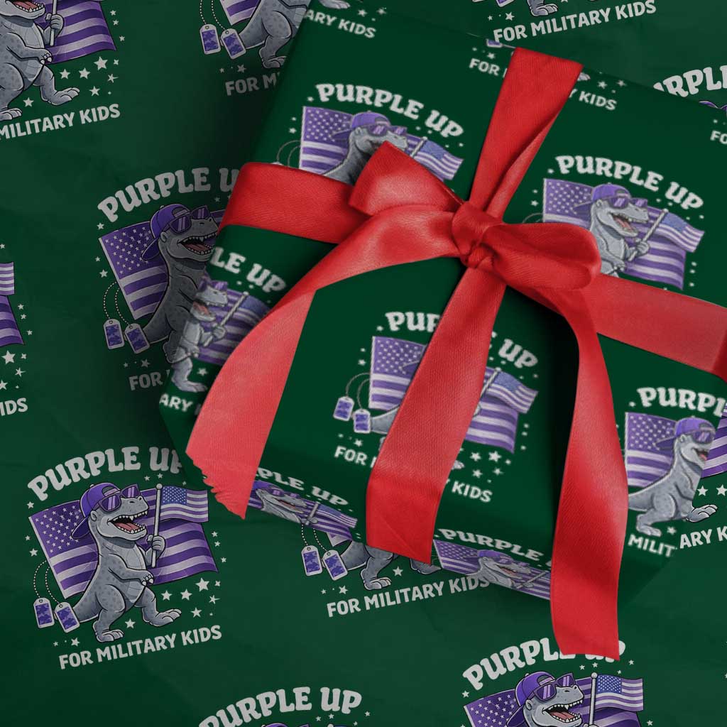 Dinosaur Military Kids Wrapping Paper Roll Purple Up For Military Child Month Patriotic USA Flag