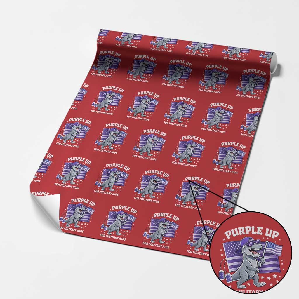 Dinosaur Military Kids Wrapping Paper Roll Purple Up For Military Child Month Patriotic USA Flag