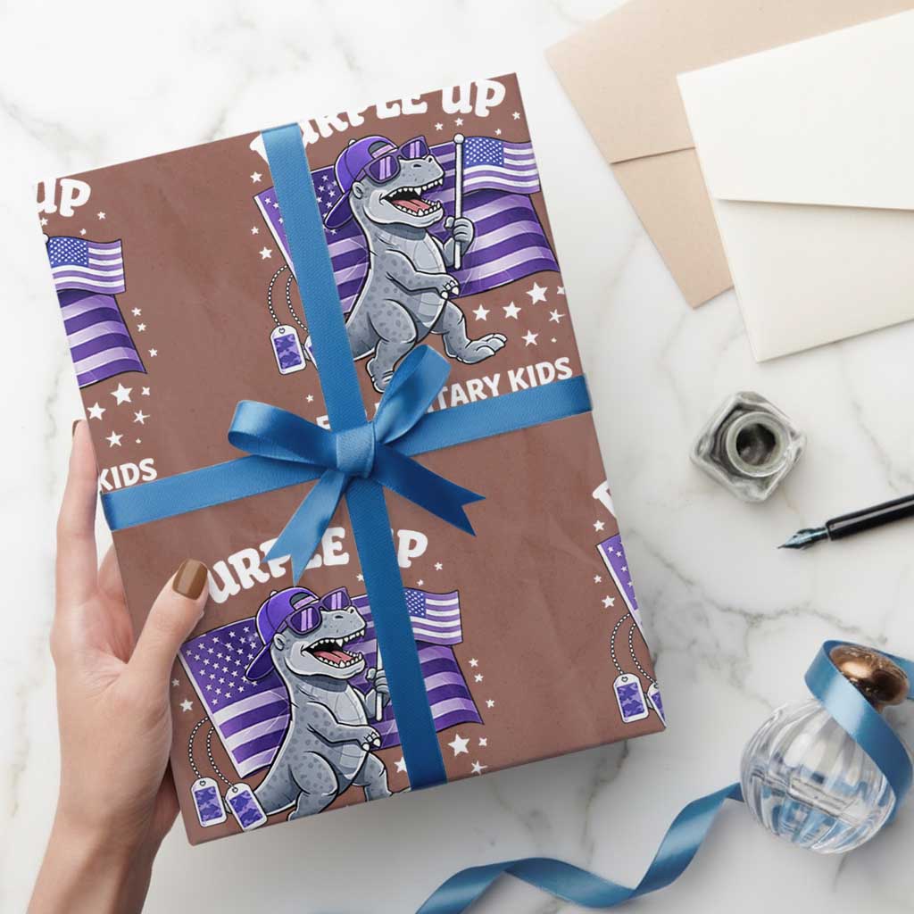 Dinosaur Military Kids Wrapping Paper Roll Purple Up For Military Child Month Patriotic USA Flag