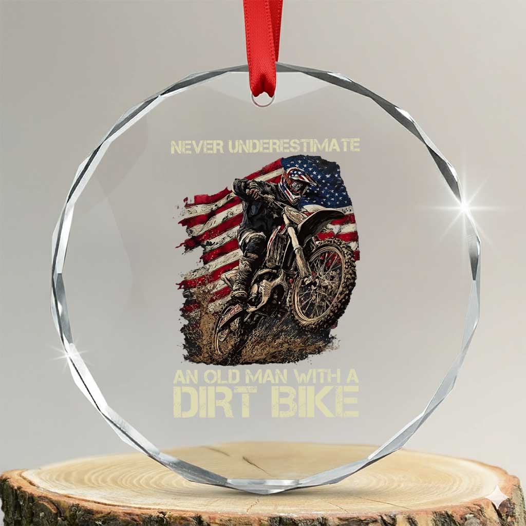 Dirt Bike American Flag Crystal Glass Ornament Never Underestimate An Old Man With A Dirt Bike Motocross - Wonder Print Shop