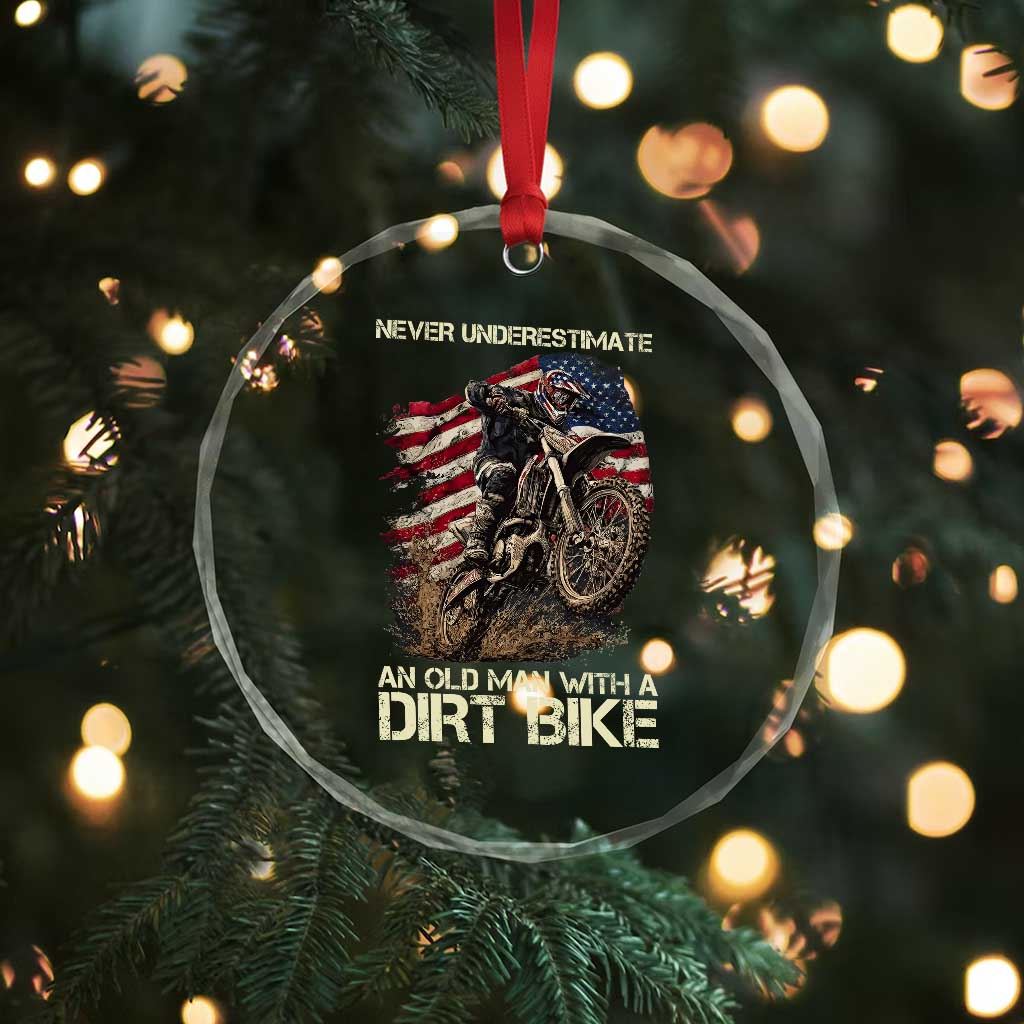 Dirt Bike American Flag Crystal Glass Ornament Never Underestimate An Old Man With A Dirt Bike Motocross - Wonder Print Shop