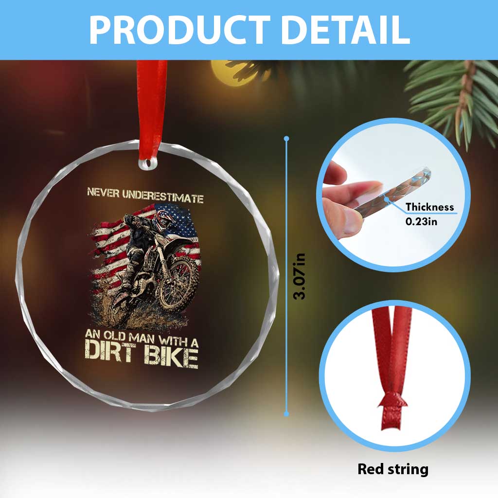 Dirt Bike American Flag Crystal Glass Ornament Never Underestimate An Old Man With A Dirt Bike Motocross - Wonder Print Shop