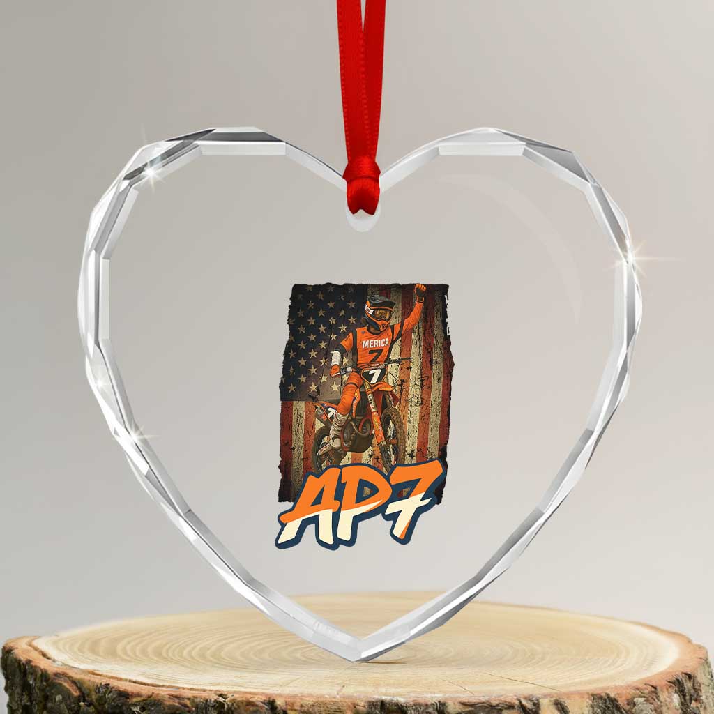 Dirt Bike American Flag Heart Crystal Glass Ornament - Wonder Print Shop