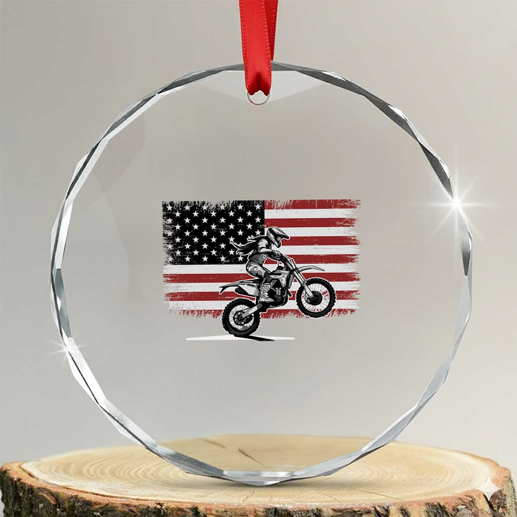 Dirt Bike Woman Rider Crystal Glass Ornament American Flag Motocross Biker - Wonder Print Shop
